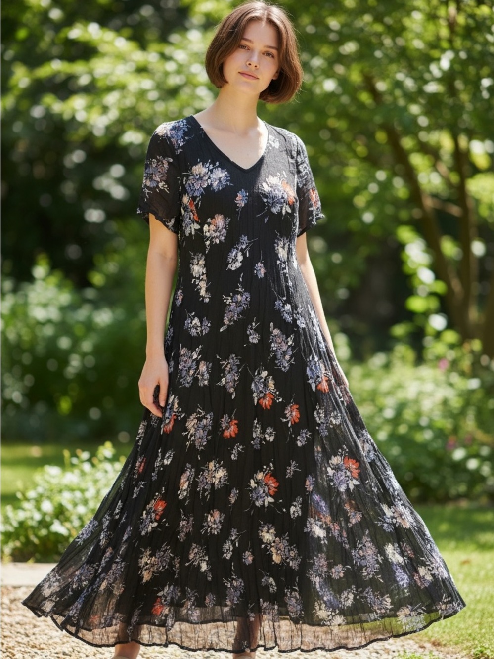 Woman Within Black Floral Midi Dress with V-Neckline